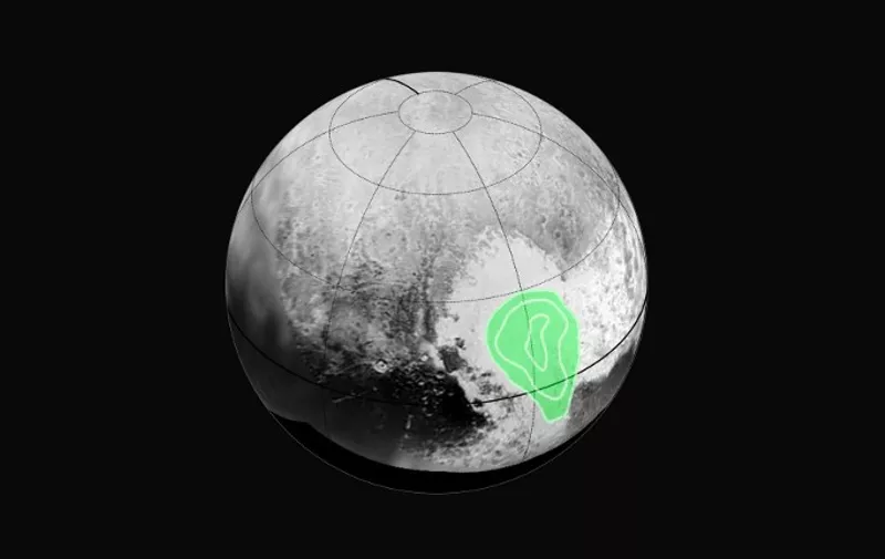 This photo obtained from NASA July 17, 2015 shows a look at the heart of Pluto, in the western half of what mission scientists have informally named Tombaugh Regio  (Tombaugh Region), New Horizons Ralph instrument revealed evidence of carbon monoxide ice.  The contours indicate that the concentration of frozen carbon monoxide increases towards the center of the bulls eye. These data were acquired by the spacecraft on July 14, 2015 and transmitted to Earth on July 16, 2015. AFP PHOTO/NASA/JHUAPL/SWRI/HANDOUT =  RESTRICTED TO EDITORIAL USE / MANDATORY CREDIT: "AFP PHOTO HANDOUT-NASA/JHUAPL/SWRI"/ NO MARKETING - NO ADVERTISING CAMPAIGNS / DISTRIBUTED AS A SERVICE TO CLIENTS=