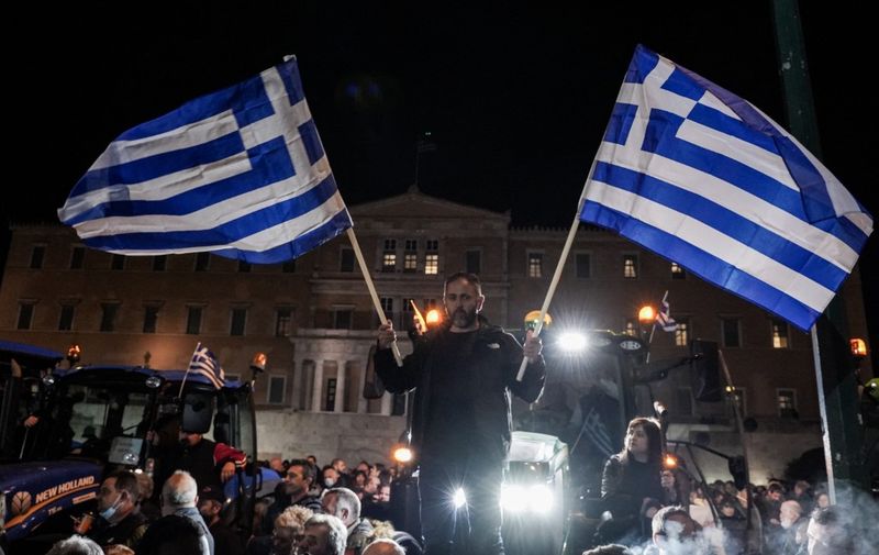 Farmers are demonstrating in front of the Greek Parliament in Athens, Greece, on February 20, 2024. (Photo by Giorgos Arapekos/NurPhoto) (Photo by Giorgos Arapekos / NurPhoto / NurPhoto via AFP)