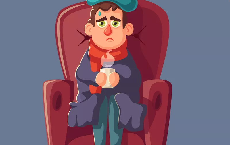 Sick man. Unhappy character. Vector cartoon illustration. Man with cup of tea in hand. Season allergy. Person in scarf with thermometer in his mouth. Winter flu