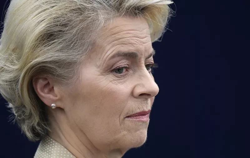 European Commission President Ursula von der Leyen looks on during a debate on the results of the war of aggression by Russia against Ukraine, as part of a plenary session at the European Parliament in Strasbourg, eastern France, on February 15, 2023. (Photo by Frederick FLORIN / AFP)