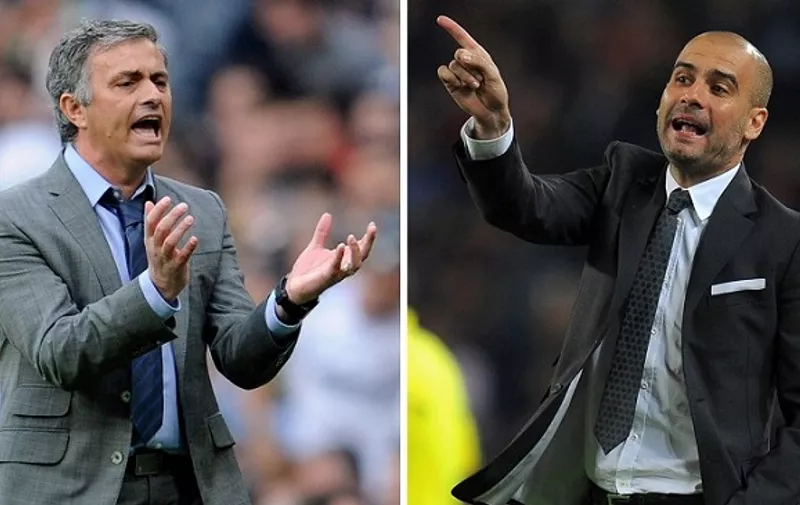 This combo picture made on April 13, 2011 shows Real Madrid's Portuguese coach Jose Mourinho (L) reacting during the Spanish League football match Real Madrid vs Sporting Gijon on April 2, 2011 at the Santiago Bernabeu stadium in Madrid and Barcelona's coach Pep Guardiola (R) giving instructions to his players during the Champions League quarter-final first leg match Barcelona against Shakhtar Donetsk at the Camp Nou stadium in Barcelona, on April 6, 2011. Real Madrid will face Barcelona four times in the next month. They will play the football match of the second round of the Spanish league on April 16 in Madrid, the final of the Spanish Cup (Copa del rey) on April 20 in Valencia, and the Champions League semi-finals in Madrid and Barcelona.  AFP PHOTO/ DOMINIQUE FAGET-LLUIS GENE / AFP / DOMINIQUE FAGET-LLUIS GENE