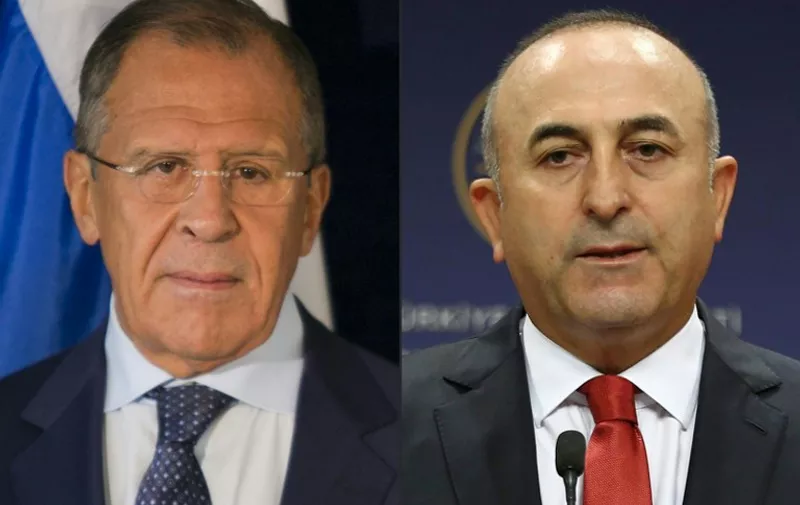 (COMBO) This combination of pictures created on December 03, 2015 shows
a file photo taken on September 27, 2015 of Russia Foreign Minister Sergey Lavrov (R) and a file photo taken on July 25, 2015 of
Turkish Foreign Minister Mevlut Cavusoglu. 
Lavrov said on December 2, 2015 he was willing to meet his Turkish counterpart this week for the two countries' first high-level face-to-face talks since Ankara shot down one of Moscow's warplanes. / AFP / ADEM ALTAN AND DOMINICK REUTER