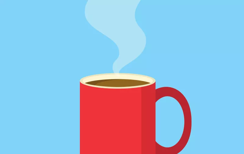 Red coffee mug with steam in flat design style. Vector illustration