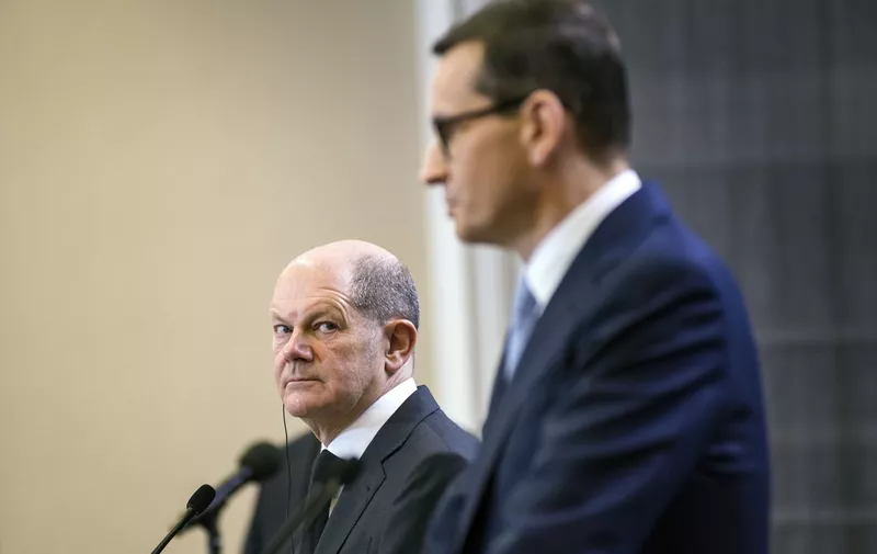Olaf Scholz and Mateusz Morawiecki seen speaking during a press conference.
Four days after taking office, German Chancellor Olaf Scholz paid an inaugural visit to neighboring Poland on Sunday 12th of December. Olaf Scholz was welcomed by Polish Prime Minister Mateusz Morawiecki. After political talks, Olaf Scholz and Mateusz Morawiecki attended a press conference at the Prime Minister's Chancellery.
Olaf Scholz in Warsaw, Poland - 12 Dec 2021,Image: 647624980, License: Rights-managed, Restrictions: , Model Release: no, Credit line: Profimedia