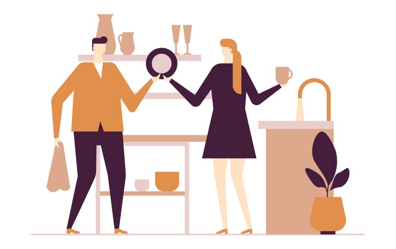 Couple washing dishes - flat design style colorful illustration on white background. Composition with characters, wife, husband in the kitchen. Woman giving man plate to dry. Household chores concept