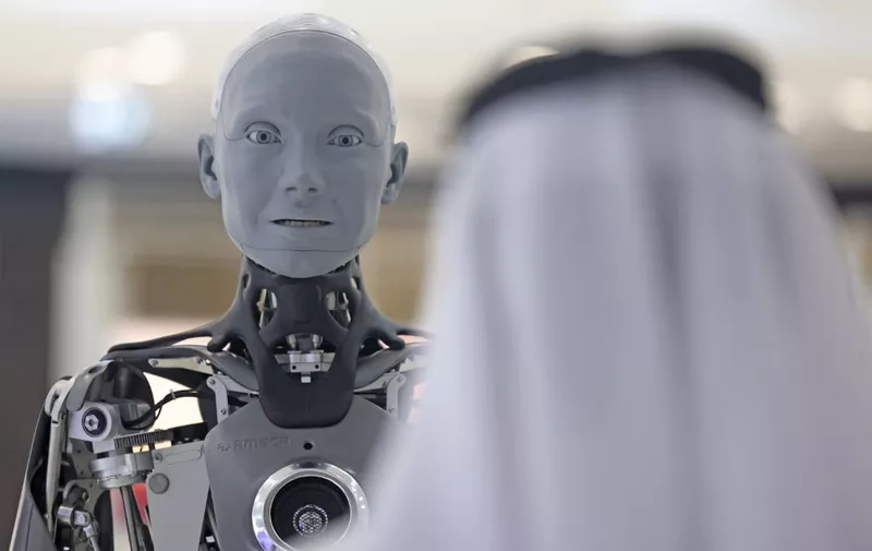 The Ameca humanoid robot greets visitors at Dubai's Museum of the Future, on October 11, 2022. (Photo by Karim SAHIB / AFP)
