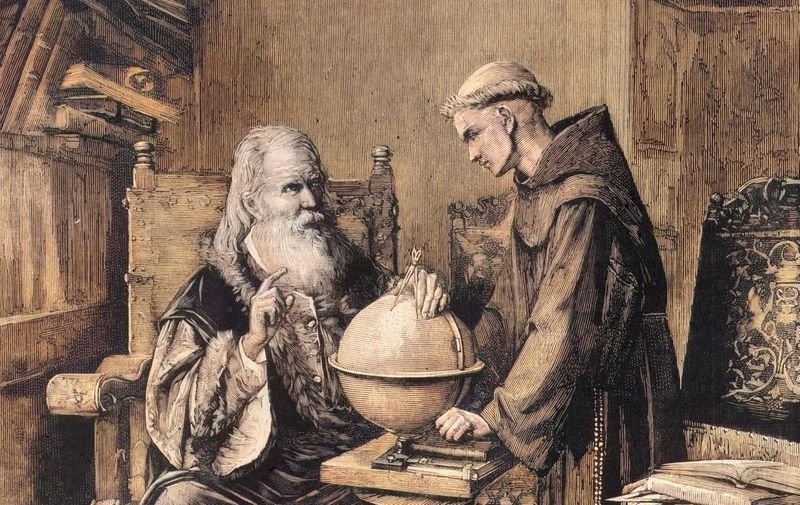 GALILEO GALILEI demonstrates his astronomical theories to a monk who isn't at all sure that he wants to know... Colourised version of : 10040009       Date: 1564-1642