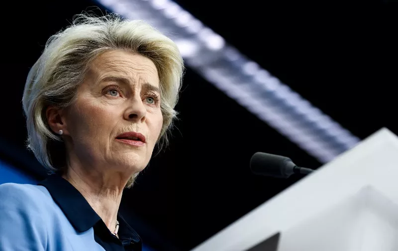 European Commission President Ursula von der Leyen speaks during a press conference after a virtual summit with China's President in Brussels on April 1, 2022. (Photo by Kenzo TRIBOUILLARD / AFP)