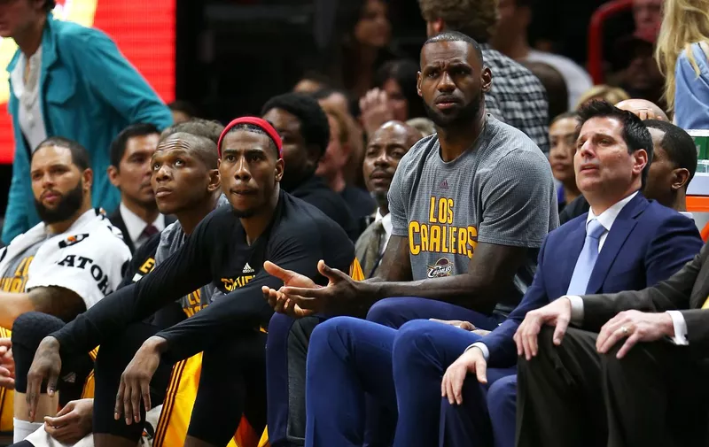Cleveland Cavaliers forward LeBron James watches from the bench during the third quarter of an NBA basketball game at AmericanAirlines Arena Saturday, March 4, 2017 in Miami. The Heat won, 120-92., Image: 323665341, License: Rights-managed, Restrictions: *** World Rights *** US Newspapers Out ***, Model Release: no, Credit line: Profimedia, SIPA USA