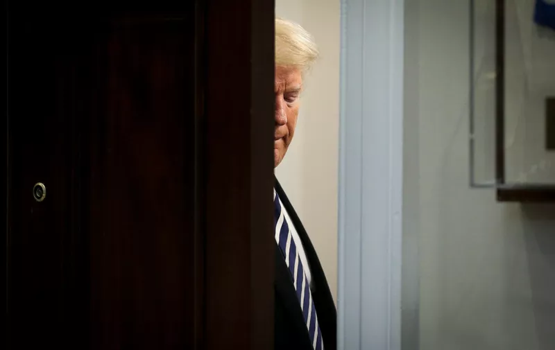 President Donald Trump walks out of the Roosevelt Room of the White House after he delivered remarks on the illegal immigration crisis and border security on November 1, 2018 in Washington, DC., Image: 393701489, License: Rights-managed, Restrictions: *** World Rights ***, Model Release: no, Credit line: Profimedia, SIPA USA