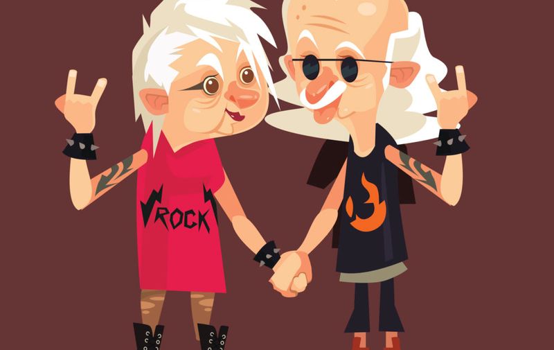 Happy smiling rock couple grandparents characters. Vector flat cartoon illustration