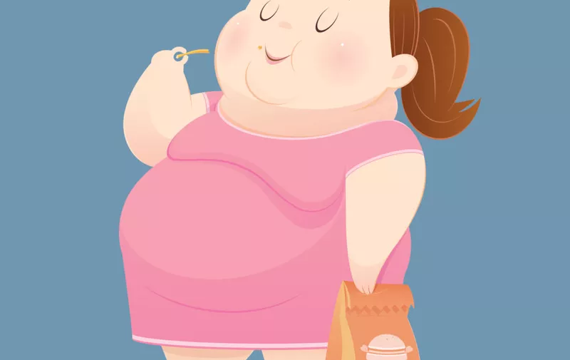 The fat woman is enjoy eating many junk foods. Overweight people taste fast food. Concept with Cartoon and Vector