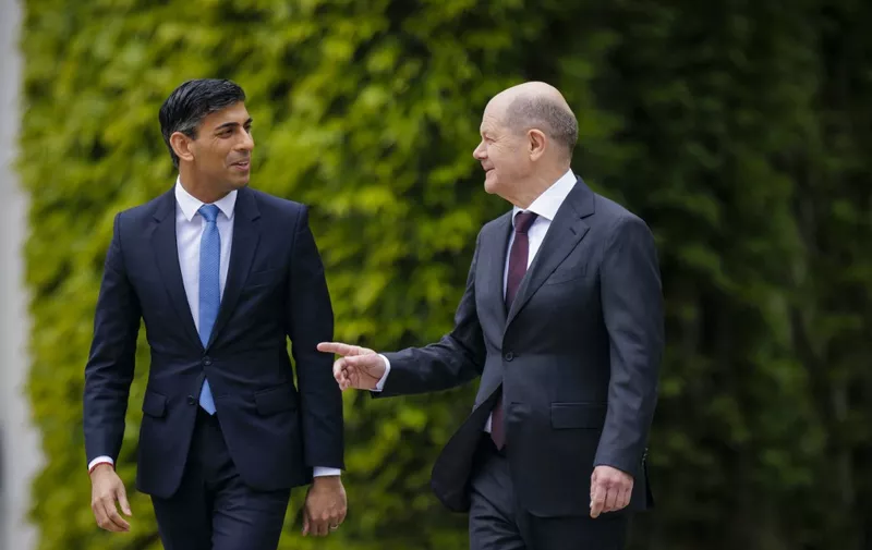 Olaf Scholz (SPD), Federal Chancellor, receives Rishi Sunak, Prime Minister of the United Kingdom of Great Britain and Northern Ireland, at the Chancellery. Berlin, April 24, 2024. (Photo by Thomas Trutschel / Photothek Media Lab / dpa Picture-Alliance via AFP)