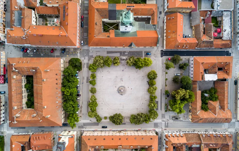 Karlovac city center, inside six-pointed star-shaped Renaissance fortress built against Ottomans, Croatia. Regular orthogonal planning and logical street layout of ideal town.
