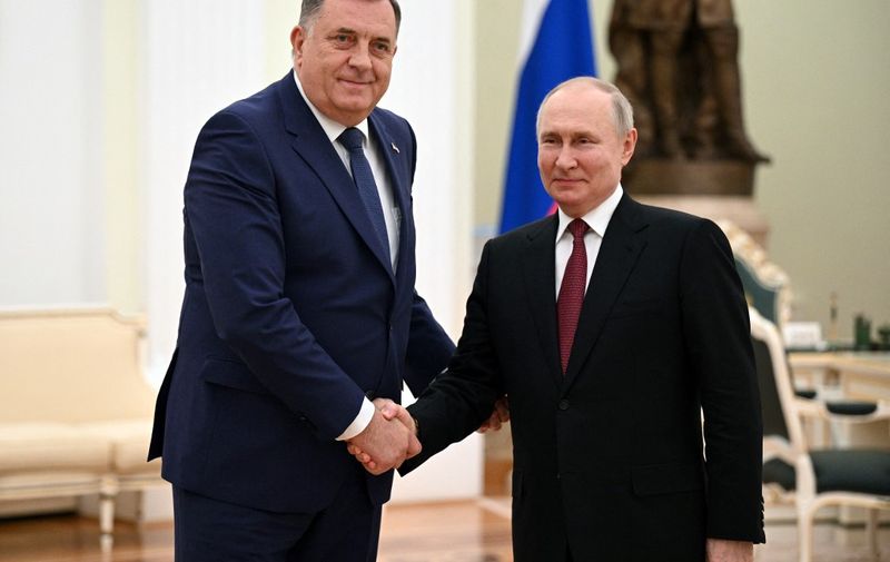 Russian President Vladimir Putin meets with Bosnian Serb leader Milorad Dodik at the Kremlin in Moscow on May 23, 2023. (Photo by Alexey FILIPPOV / SPUTNIK / AFP)