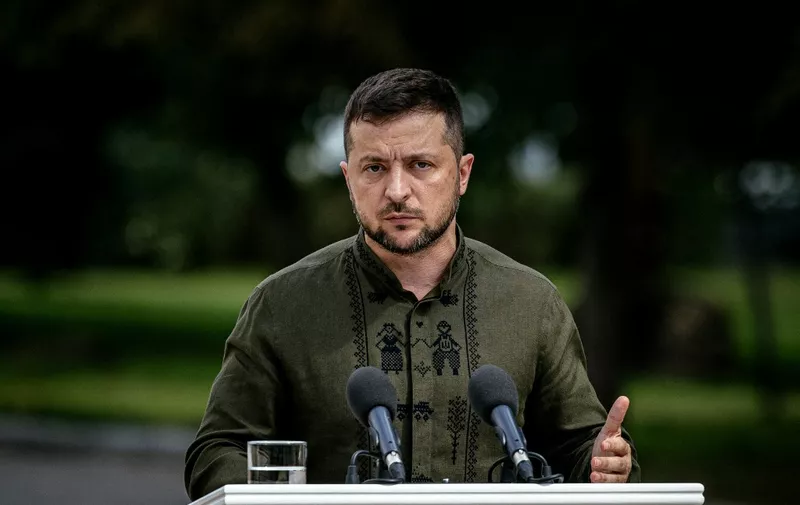 Ukraine's President Volodymyr Zelensky attends a joint press conference with his Polish counterpart in Kyiv on August 23, 2022, amid Russia's military invasion launched on Ukraine. (Photo by Dimitar DILKOFF / AFP)