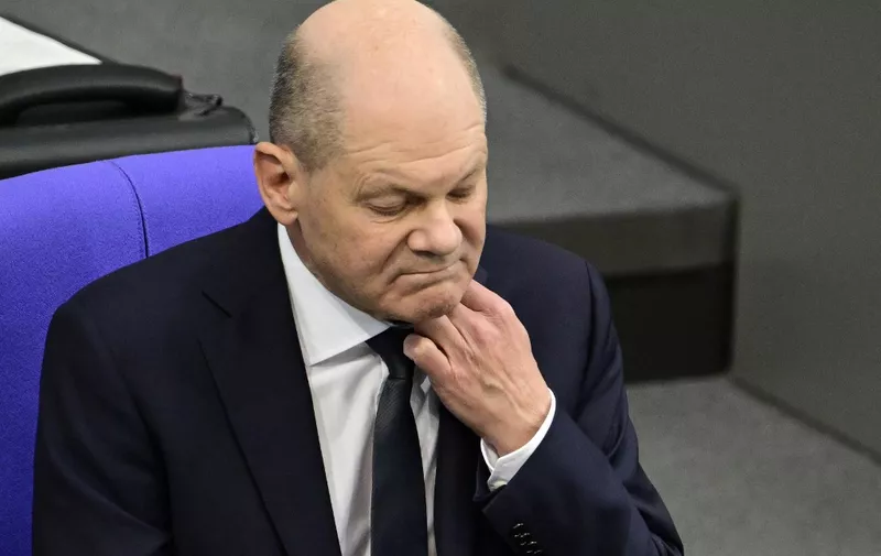 German Chancellor Olaf Scholz takes questions during a plenary session at the lower house of Parliament (Bundestag) in Berlin, on March 13, 2024. (Photo by Tobias SCHWARZ / AFP)