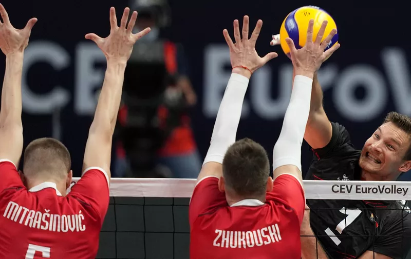 03 September 2021, Estonia, Tallinn: Volleyball, Men: European Championship, Croatia - Germany, Preliminary Round, Group D, Matchday 2. Germany's Christian Fromm (r) in action. Photo by: Roman Koksarov/picture-alliance/dpa/AP Images