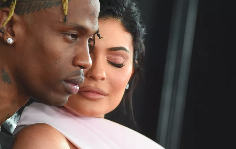 TV personality Kylie Jenner and Travis Scott arrive for the 61st Annual Grammy Awards on February 10, 2019, in Los Angeles. (Photo by VALERIE MACON / AFP)