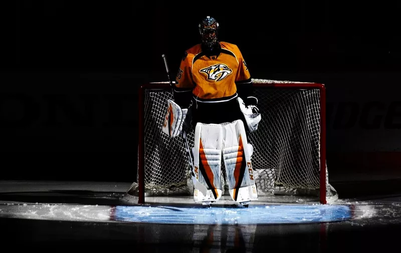 Apr 20, 2017; Nashville, TN, USA; Nashville Predators goalie Pekka Rinne (35) prior to game four of the first round of the 2017 Stanley Cup Playoffs against the Chicago Blackhawks at Bridgestone Arena. The Predators won 4-1 to eliminate the Blackhawks., Image: 329692618, License: Rights-managed, Restrictions: , Model Release: no, Credit line: Profimedia, SIPA USA