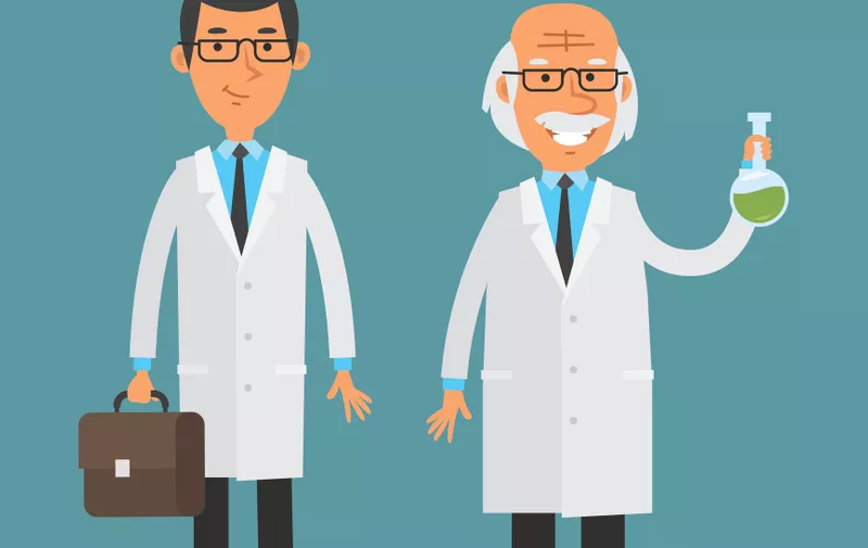 Illustration, old and young scientist standing and smiling, format EPS 8