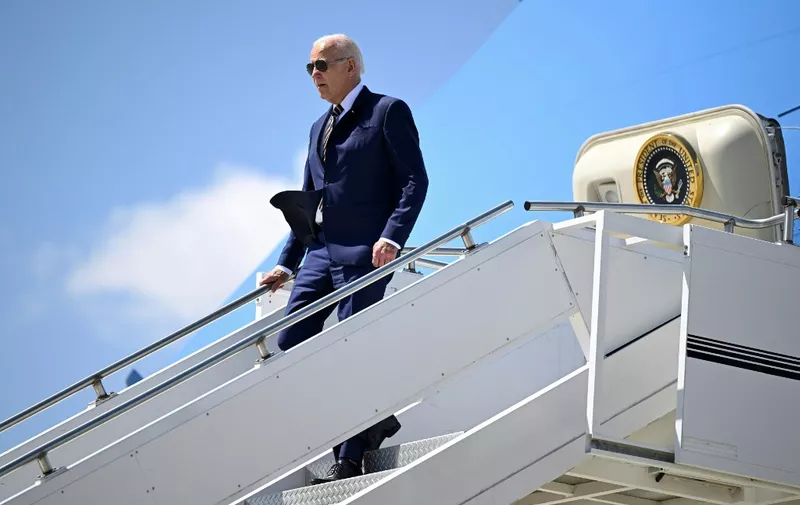US President Joe Biden arrives at Milwaukee International Airport Air National Guard Base in Milwaukee, Wisconsin, August 15, 2023. President Biden is in Milwaukee to tour and speak about Bidenomics at Ingeteam Inc., which specializes electric power conversion. (Photo by ANDREW CABALLERO-REYNOLDS / AFP)