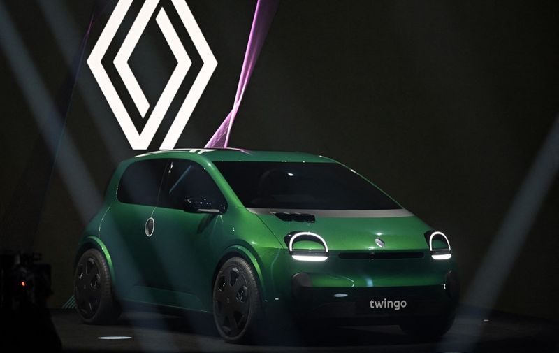 A Renault Twingo eletric prototype car is presented by Renault group general director in Paris, on November 15, 2023. (Photo by Miguel MEDINA / AFP)