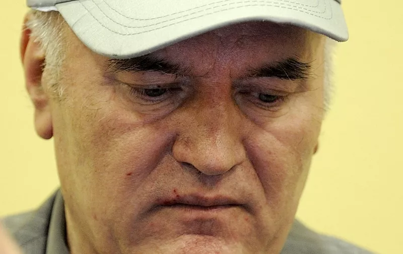 Wartime Bosnian Serb army chief Ratko Mladic sits in the court during his initial appearance at UN war crimes tribunal in The Hague, Netherlands, on June 3, 2011.  Wartime Bosnian Serb army chief Ratko Mladic refused to enter a plea to genocide and war crimes charges, denouncing the allegations against him as "obnoxious".
     AFP PHOTO / POOL / Martin Meissner       -- The Netherlands out - Belgium out -- (Photo by MARTIN MEISSNER / POOL / AFP)