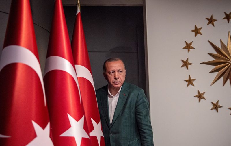Turkish President Tayyip Erdogan arrives at the news conference room at Huber Mansion in Istanbul, Turkey March 31, 2019, following local elections. Turkish President Recep Tayyip Erdogan's AKP was trailing in a very tight race for the capital Ankara in Sunday's local elections, state media reported, in what would be a major defeat for the ruling party after a decade and a half in power., Image: 423447033, License: Rights-managed, Restrictions: , Model Release: no, Credit line: Profimedia, AFP