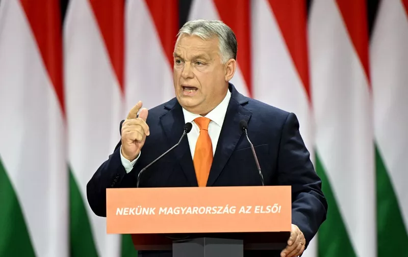 Hungary's Prime Minister Viktor Orban gives his speech in Hungexpo Fair and Exhibition Centre of Budapest on November 18, 2023, after he was re-elected leader at the congress of the governing right-wing Fidesz party. (Photo by Attila KISBENEDEK / AFP)