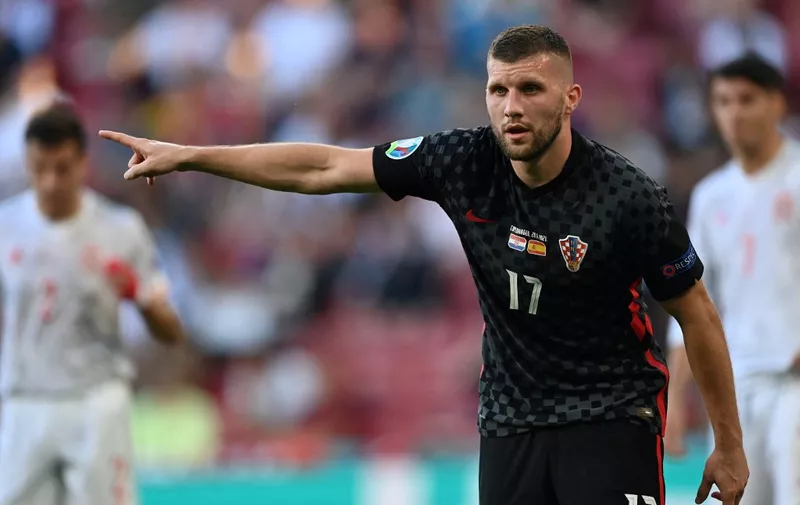 Croatia's forward Ante Rebic gestures during the UEFA EURO 2020 round of 16 football match between Croatia and Spain at the Parken Stadium in Copenhagen on June 28, 2021. (Photo by STUART FRANKLIN / POOL / AFP)