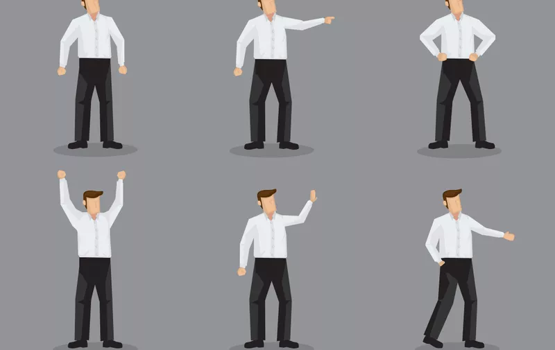 Set of six vector illustrations of faceless cartoon man character wearing simple white shirt and black pants in different gestures isolated on grey background.