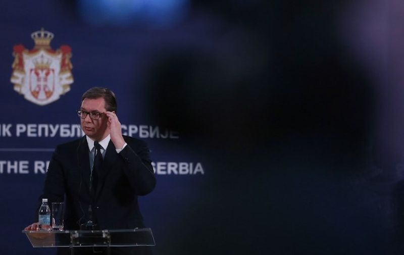 Serbian President Aleksandar Vucic attends a joint press conference with Italy's Prime Minister in Belgrade, Serbia, on March 6, 2019. (Photo by OLIVER BUNIC / AFP)