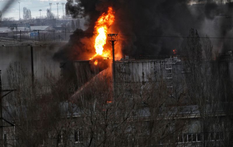 A fire rages after Russian rockets hit an oil refinery and an oil depot, Odesa, southern Ukraine, April 3, 2022. Missiles struck Ukraine’s southern city of Odesa on Sunday, with Russia saying it had destroyed an oil processing plant and three fuel depots used by the Ukrainian military to supply its troops.,Image: 680792371, License: Rights-managed, Restrictions: , Model Release: no, Credit line: Profimedia