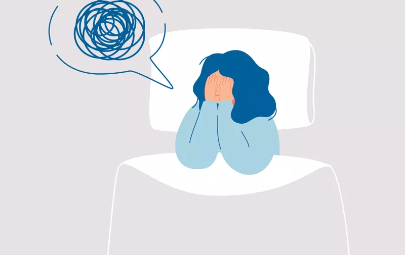Girl in depression has confused thoughts in her mind at night, covering her face with her hands.Tired woman suffer from insomnia, sleeplessness, sleep disorder, nightmare.Vector illustration in flat (Girl in depression has confused thoughts in her min