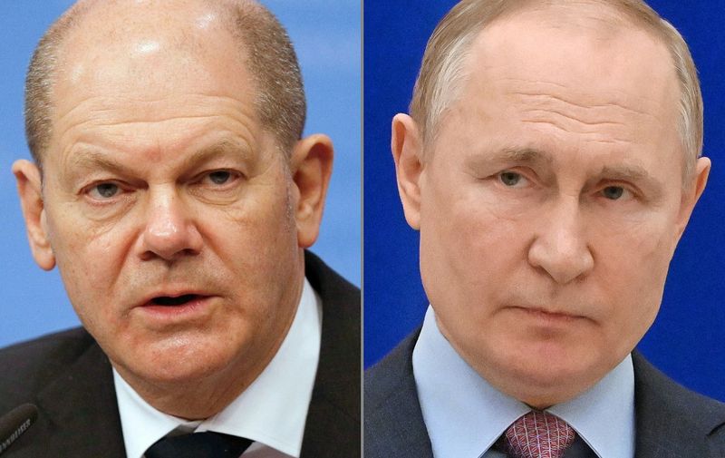 (COMBO) This combination of file photos created on February 21, 2022 shows
(L) German Chancellor Olaf Scholz addressing a press conference in Brussels on February 18, 2022 and (R) Russia's President Vladimir Putin attending a press conference in Moscow on February 18, 2022. - German Chancellor Olaf Scholz will speak with Russian President Vladimir Putin by telephone later on February 21, 2022 in a further effort to ease tensions over Ukraine, the German government spokesman said. (Photo by JOHANNA GERON and Sergei GUNEYEV / various sources / AFP)