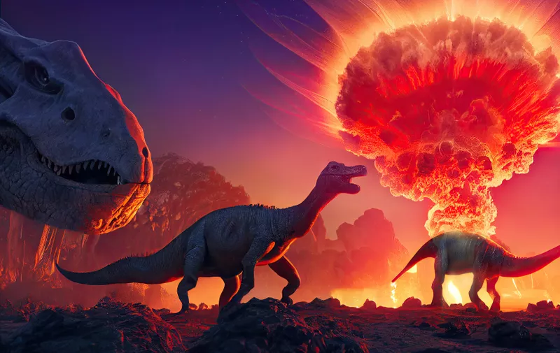 Extinction of the dinosaurs by a meteor impact in a jurassic forest. 3D rendering.,Image: 728785737, License: Royalty-free, Restrictions: , Model Release: yes