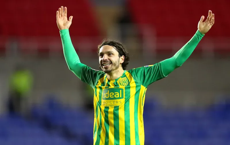 READING, ENGLAND - FEBRUARY 12: Filip Krovinovic of West Bromwich Albion celebrates victory after the Sky Bet Championship match between Reading and West Bromwich Albion at Madejski Stadium on February 12, 2020 in Reading, England. (Photo by Catherine Ivill/Getty Images)