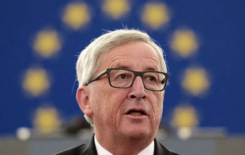 European Commission's President Jean-Claude Juncker announces quote plan for refugees as he makes his State of the Union address to the European Parliament in Strasbourg, eastern France, on September 9, 2015. Juncker urged European Union (EU) states on September 9 to take "bold" action, as he unveiled a major plan for dealing with Europe's worst refugee crisis since World War II. "Now is not the time to take fright, it is time for bold determined action for the European Union," Juncker said. AFP PHOTO / FREDERICK FLORIN