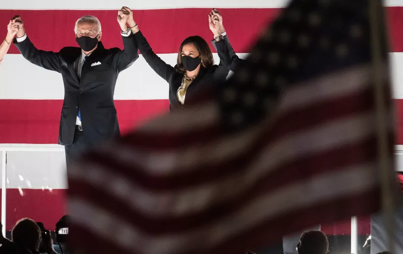 August 20, 2020; Wilmington, DE, USA; Joe Biden and Sen. Kamala Harris greet supporters at the end of the Democratic National Convention at the Chase Center.,Image: 554308909, License: Rights-managed, Restrictions: *** World Rights ***, Model Release: no