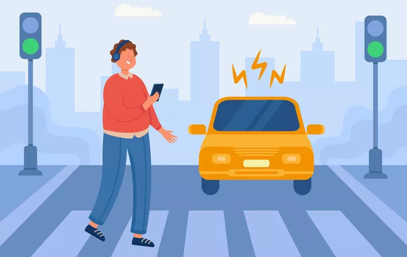 Dangerous situation at crosswalk with careless boy in headphones. Pedestrian crossing road looking at mobile phone, car driving towards zebra flat vector illustration. Traffic safety, accident concept,Image: 627756284, License: Royalty-free, Restrictions: , Model Release: no, Credit line: Profimedia
