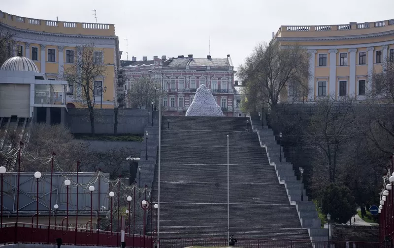 The Potemkin Stairs that connect the port area with the Odessa city center are seen on April 10, 2023, amid Russia's attack on Ukraine. Denmark's defence minister said on April 11 that he expected the Danes and allies to decide on whether to donate Western fighter jets to Ukraine "before the summer", as deliveries of Polish and Slovak MiG-29s have begun. Discussions are taking time because countries have to act together, acting defence minister Troels Lund Poulsen said during a visit to Ukraine. "Denmark will not do it alone," Lund Poulsen told several Danish media outlets, adding that a decision was still achievable "in the near future." (Photo by Bo Amstrup / Ritzau Scanpix / AFP) / Denmark OUT