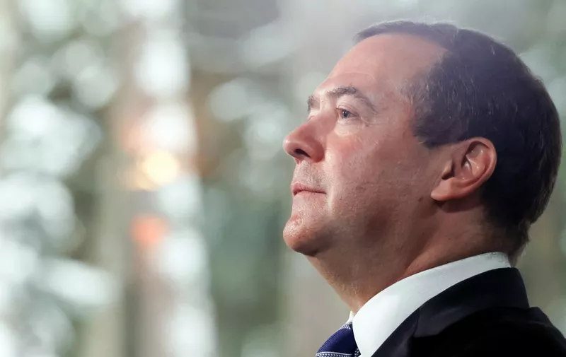 United Russia Party chairman and deputy chairman of the Russian Security Council Dmitry Medvedev speaks during an interview at the Gorki residence, outside Moscow, on January 27, 2022. (Photo by Yulia ZYRYANOVA / SPUTNIK / AFP)