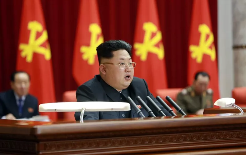This picture taken by North Korea's official Korean Central News Agency (KCNA) on February 18, 2015 show North Korean leader Kim Jong-Un attending an enlarged meeting of the political bureau of the central committee of the Workers' Party of Korea (WPK) in Pyongyang.   AFP PHOTO / KCNA via KNS    REPUBLIC OF KOREA OUT
THIS PICTURE WAS MADE AVAILABLE BY A THIRD PARTY. AFP CAN NOT INDEPENDENTLY VERIFY THE AUTHENTICITY, LOCATION, DATE AND CONTENT OF THIS IMAGE. THIS PHOTO IS DISTRIBUTED EXACTLY AS RECEIVED BY AFP.
---EDITORS NOTE--- RESTRICTED TO EDITORIAL USE - MANDATORY CREDIT "AFP PHOTO / KCNA VIA KNS" - NO MARKETING NO ADVERTISING CAMPAIGNS - DISTRIBUTED AS A SERVICE TO CLIENTS