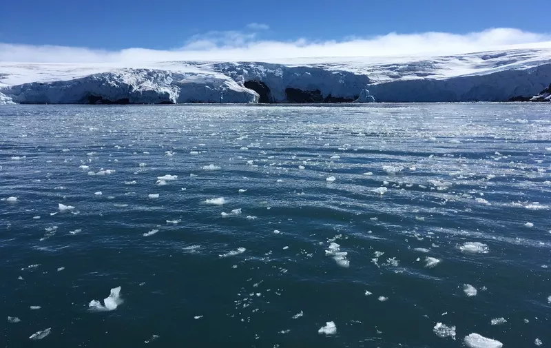 Blocks of ice drift on the water off the coast of Collins glacier on King George Island, Antarctica on February 1, 2018. - Glaciers that melt before your eyes, marine species that appear in areas where they previously didn't exist: in Antarctica, climate change already has visible consequences for which scientists are trying to find a response and perhaps solutions for the changes that the rest of the planet can expect. (Photo by Mathilde BELLENGER / AFP) / TO GO WITH STORY BY MATHILDE BELLENGER