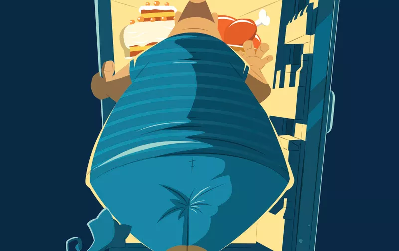 Fat hungry man and open night fridge. Color vector illustration.