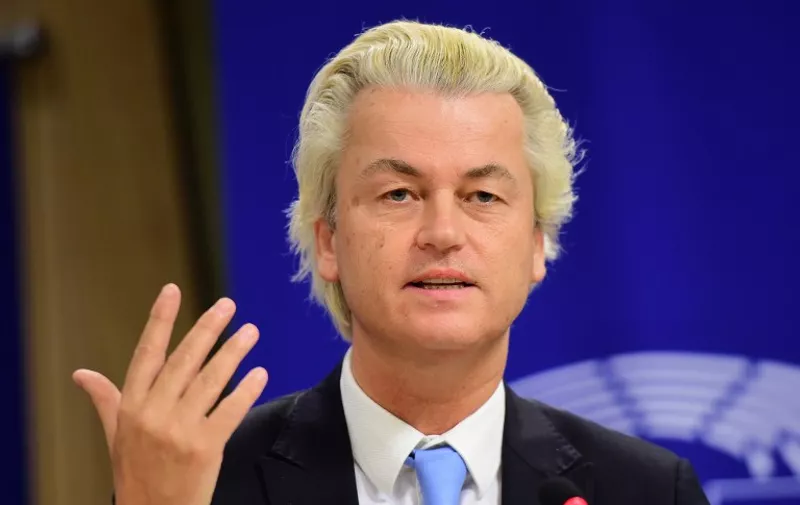 Geert Wilders of the Netherlands' Party for Freedom (PVV) holds a press conference at the European Parliament in Brussels, on June 16, 2015, with European Parliament members, to announce a new grouping of European far-right parties, called Europe of Nations and Freedom. AFP PHOTO / EMMANUEL DUNAND