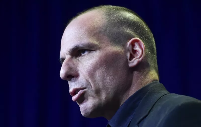 (FILES) A picture taken on June 27, 2015 shows Greek Finance Minister Yanis Varoufakis giving a press conference during a Eurogroup meeting at the EU headquarters in Brussels. Varoufakis said he was resigning on July 6, 2015, in a shock announcement despite the government having secured a resounding victory for the 'No' vote in the country's referendum on bailout conditions. AFP PHOTO / JOHN THYS