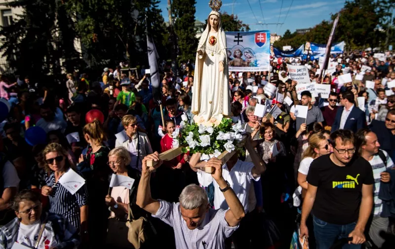 Thousands of participants march during an anti-abortion protest titled "National March for Life",  demanding a ban on abortions, in Bratislava, Slovakia on September 22, 2019. (Photo by VLADIMIR SIMICEK / AFP)