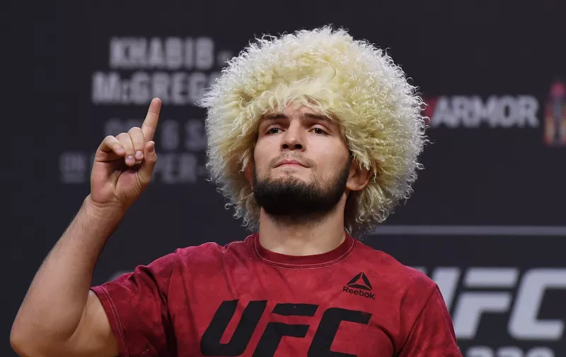 LAS VEGAS, NEVADA - OCTOBER 05:  UFC lightweight champion Khabib Nurmagomedov poses during a ceremonial weigh-in for UFC 229 at T-Mobile Arena on October 05, 2018 in Las Vegas, Nevada. Nurmagomedov will defend his title against Conor McGregor at UFC 229 on October 6 at T-Mobile Arena in Las Vegas.  (Photo by Ethan Miller/Getty Images)